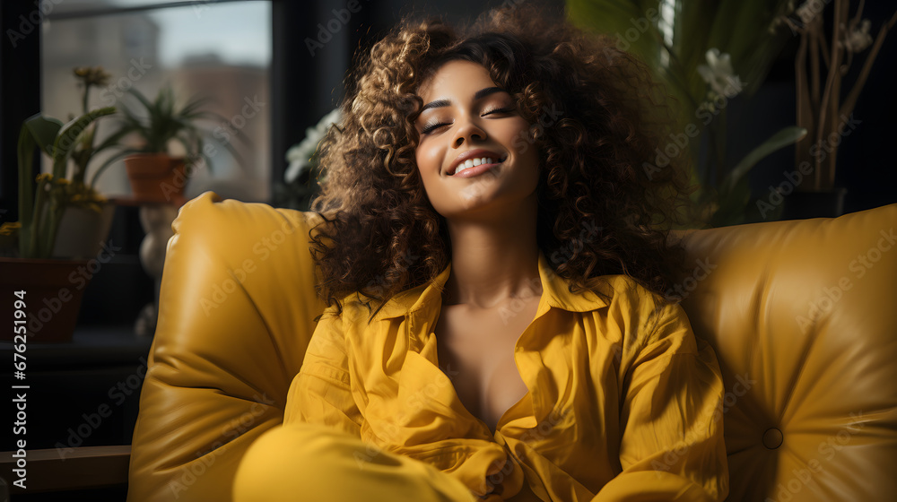 Happy afro american woman relaxing on the sofa at home