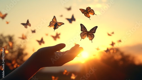 human hands releasing group of butterflies over sunset, Hope freedom concept photo