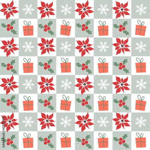 Seamless pattern with festive winter patterns with poinsettias, snowflakes, gift boxes. Organized checkered square print. Vector graphics.