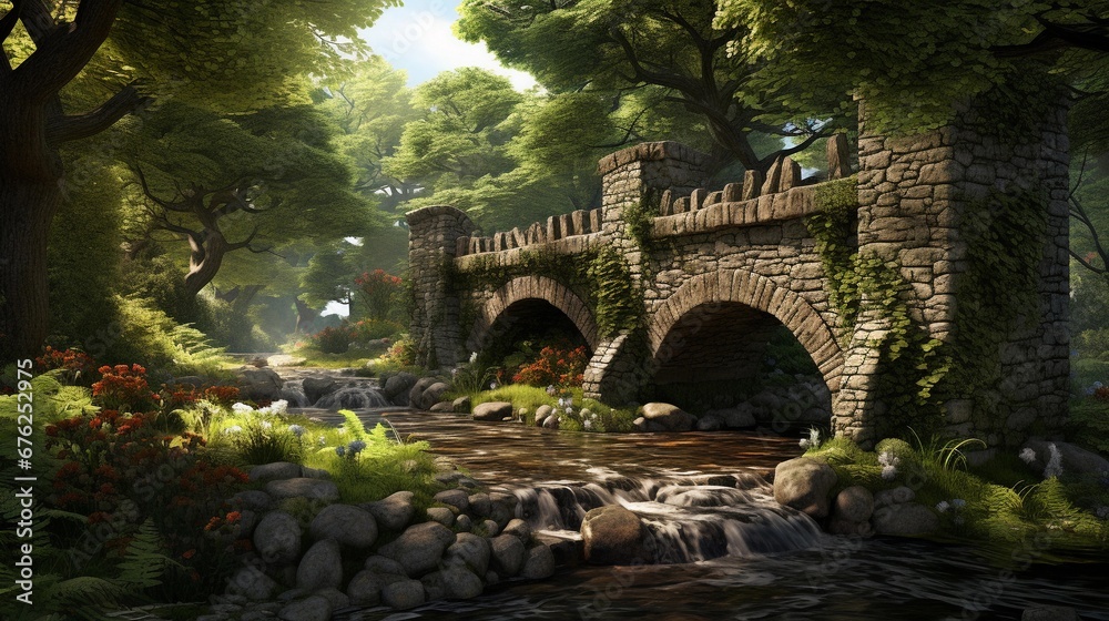 A charming, ivy-covered stone bridge spanning a babbling brook in the heart of the countryside, surrounded by lush greenery, AI generated, background image - obrazy, fototapety, plakaty 
