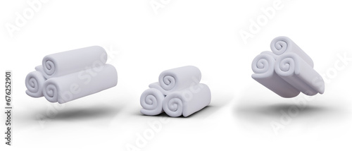 Stack of rolled white towels. Fabric for wiping, absorbing moisture. Front, side, bottom view. Realistic image with shadows. Textiles for bathroom, shower, sauna