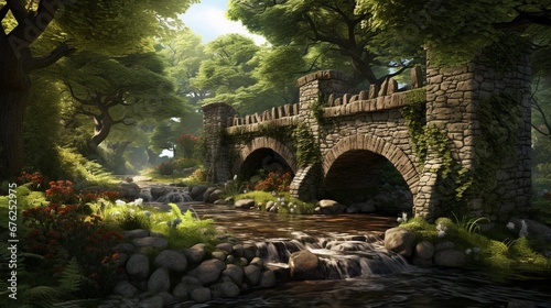 Foto A charming, ivy-covered stone bridge spanning a babbling brook in the heart of t