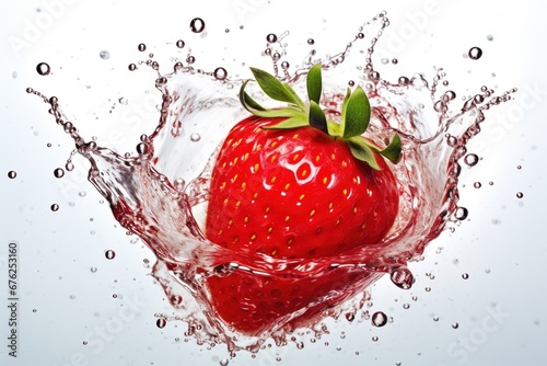 Strawberry with water splash on white