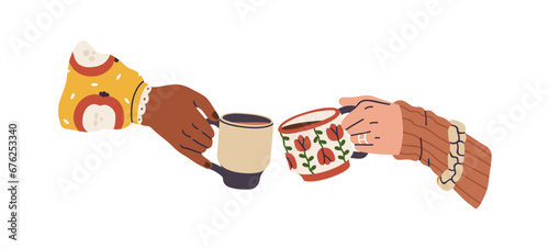 Coffee cups cheers. Friends couple celebrating holiday, holding hot winter drinks. People hands meeting, tea and cacao mugs clinking. Flat graphic vector illustration isolated on white background
