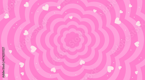 Pink flowers background in trendy retro 2000s design with hearts. Abstract cute pink background. Abstract retro pink background. Decoration banner themed Lol surprise doll girlish style