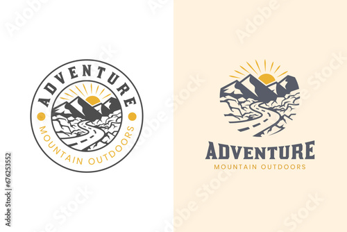 mountain landscape with rocks at sunrise for Hipster Adventure Traveling logo can be used biker cross photo