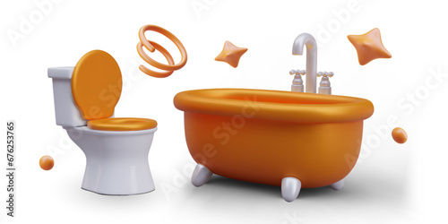 Collection of realistic toilet and bath with orange elements. Taking bath, cleaning and hygiene, water procedures concept. Vector illustration in 3d style