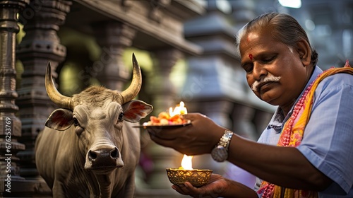 A devotee offers oil for a lamp with Lord Nandi at a Hindu temle.
 photo