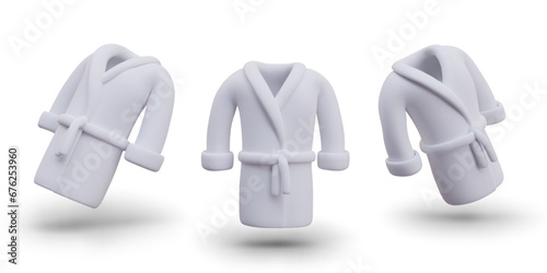 White bathrobe with belt. Vector object in different positions. Clothes for bath, shower, sauna. Clean realistic image with shadow, mockup, place for logo