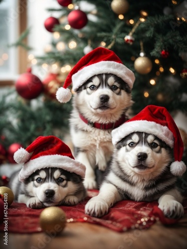 Cute puppies husky wearing Santa Claus red hat under the Christmas tree. Merry Christmas and Happy New Year decoration around. New Year card © Roman Samokhin