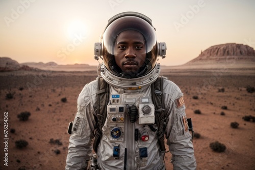 Close-up portrait of an African American Male Astronaut wearing a silver spacesuit in the planet Mars. Copy Space