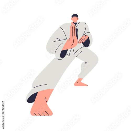 Karate fighter. Japanese wrestler in kimono uniform, fighting, wrestling in a...