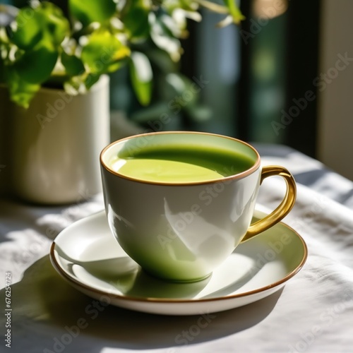 a cup of matcha tea on a cafe table.