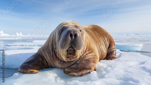Canada, Nunavut Territory, Walrus (Odobenus rosmarus) covers face while resting on drifting sea ice in Frozen Strait on Hudson Bay near the Arctic Circle.  © Creative Station