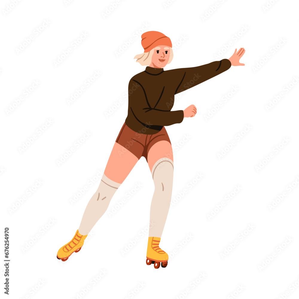 Happy girl skater. Young woman skating on roller skates, rolling shoes. Smiling female character in motion, outdoor sports activity, running. Flat vector illustration isolated on white background
