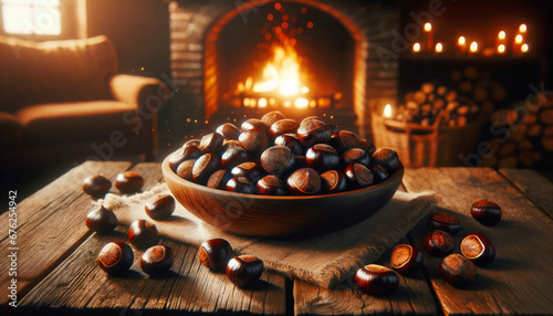 Bowl of chestnuts on a wintery table at Christmas time photo