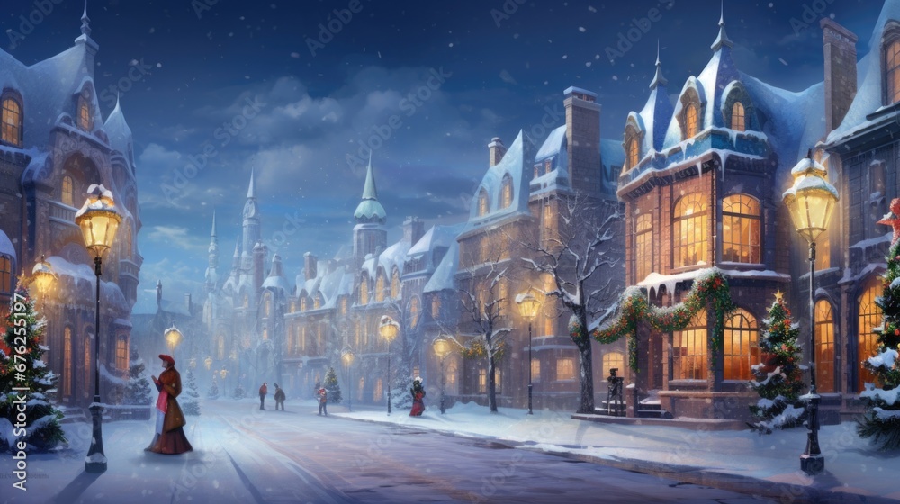 Obraz premium Victorian architecture cityscape with festive decorations and snowfall. People stroll under street lamps on winter night. Winter holiday city life.