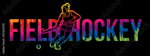 Field Hockey Font Design with Female Player Action Cartoon Graphic Vector