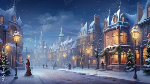 Victorian architecture cityscape with festive decorations and snowfall. People stroll under street lamps on winter night. Winter holiday city life.