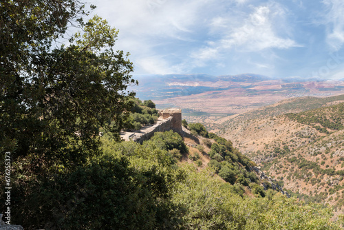 View  towards Lebanon from the fortress walls of the medieval fortress of Nimrod - Qalaat al-Subeiba, located near the border with Syria and Lebanon on the Golan Heights, in northern Israel