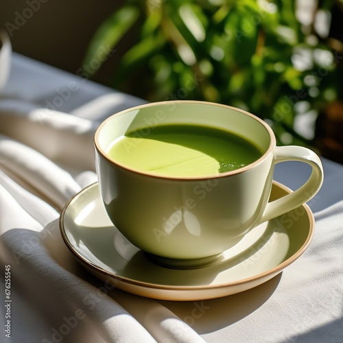 a cup of matcha tea on a cafe table.