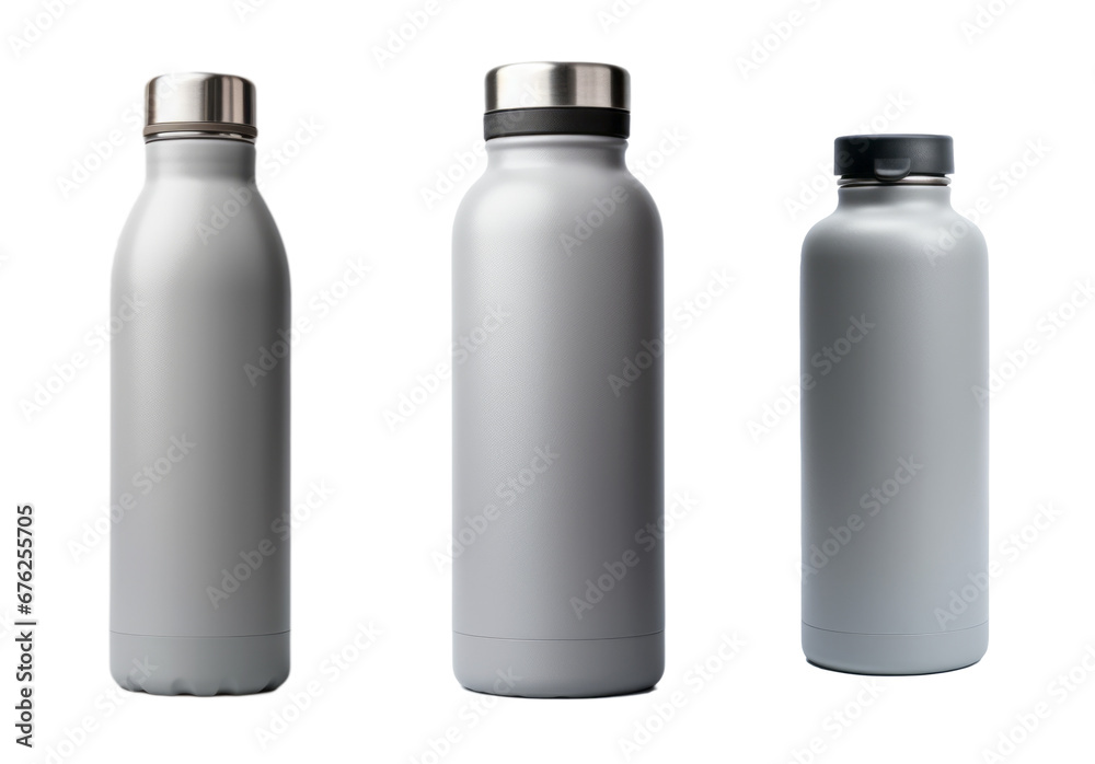 Conjunto de botellas metálicas estilo termo en fondo transparente. Conjunto de botellas metálicas estilo termo en fondo transparente.