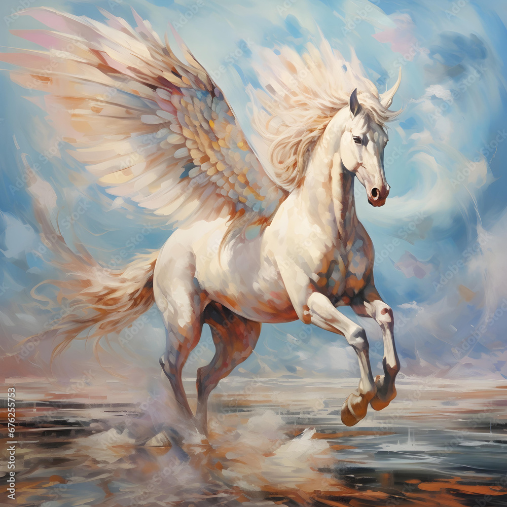 pegasus flying in the sky, painting for home tv, in the style of powerful symbolism, oil painting pegasus flying in the sky, painting for home tv, in the style of powerful symbolism, oil painting