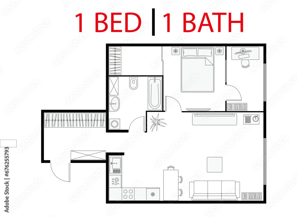 Plan floor apartment. Studio, condominium. One bedroom layout floor ...