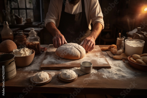A chef's hands knead pizza dough to make delicious pepperoni pizzas and sell them to make money.