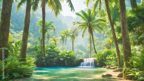 Tropical jungle with waterfall and palm trees. Nature background.