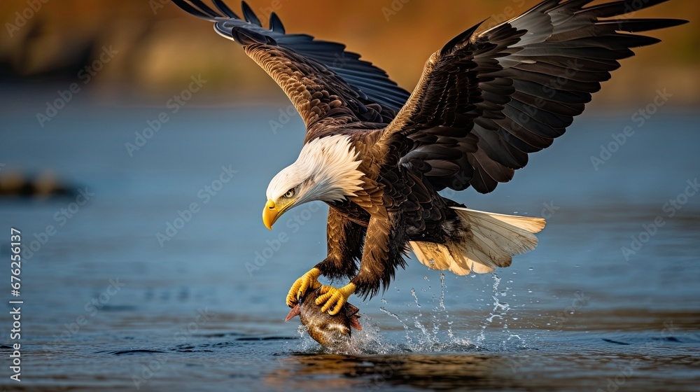 Eagle flying with a fish in its claws on the water, Eagle catching fish.
Eagle flying with a fish in its claws on the water, Eagle catching fish.