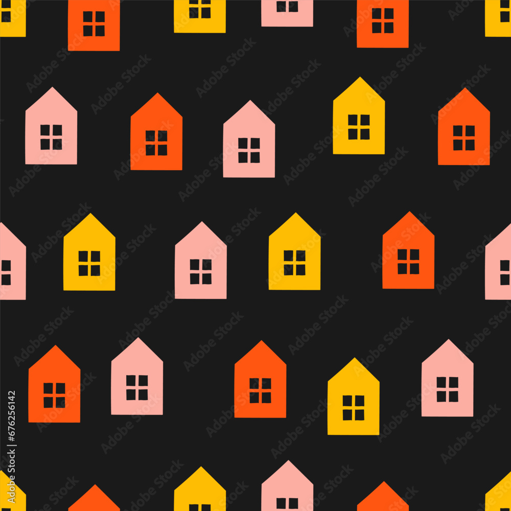 Seamless pattern with colorful houses and black background