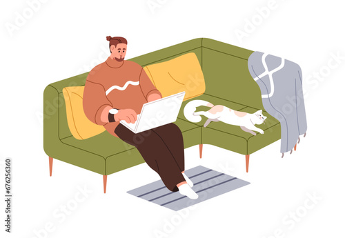 Freelancer works at home, sits with laptop computer on sofa. Freelance worker on couch in cozy living room. Business man with notebook in house. Flat vector illustration isolated on white background