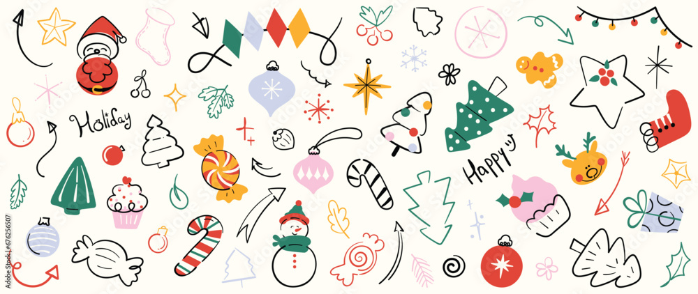 Merry Christmas and winter season doodle element vector. Set of bauble ball, snowman, reindeer, santa, tree, candy cane, cupcake, arrow, gingerbread. Happy holiday collection for kids, decorative. Merry Christmas and winter season doodle element vector. Set of bauble ball, snowman, reindeer, santa, tree, candy cane, cupcake, arrow, gingerbread. Happy holiday collection for kids, decorative.