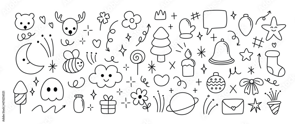 Merry Christmas and winter season doodle element vector. Set of bauble ball, reindeer, bear, tree, candle, flower, bell, sock, saturn, arrow, cloud. Happy holiday collection for kids, decorative.