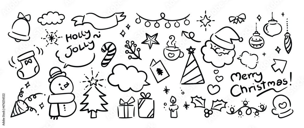 Merry Christmas and winter season doodle element vector. Set of bauble ball, santa, snowman, bell, tree, candle, holly, gift, cup, sock, candy cane. Happy holiday collection for kids, decorative.