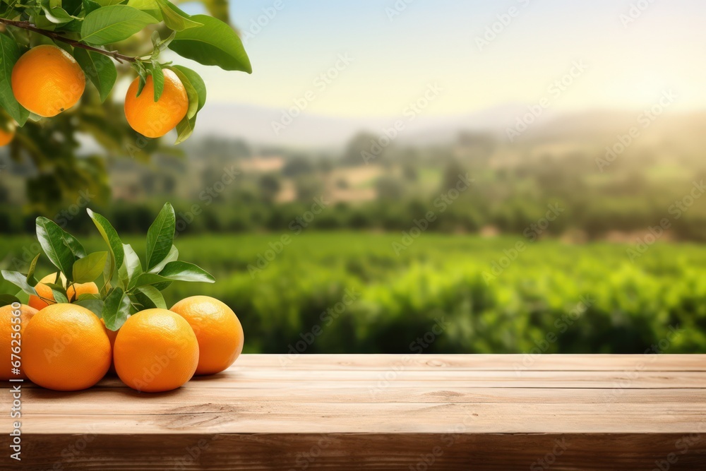 Wooden table top ander orange trees covered with orange fruits. Blurred sunny orchard garden at the background.	 - obrazy, fototapety, plakaty 