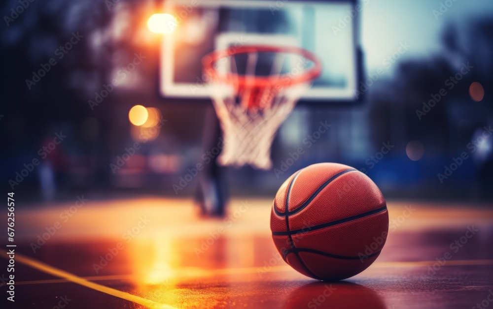 Below, basketball and net with sky in summer for shooting, scoring and points to win game. Hoop, rim and ball in closeup at basketball court for sports, competition or workout at playground, outdoor	