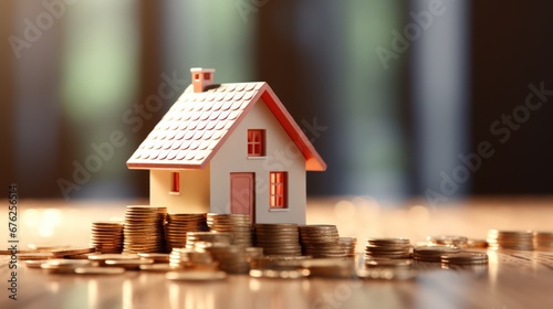 Mini house on top of stack of coins. Concept of financial banking and investment property.