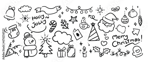 Merry Christmas and winter season doodle element vector. Set of bauble ball, santa, snowman, bell, tree, candle, holly, gift, cup, sock, candy cane. Happy holiday collection for kids, decorative.