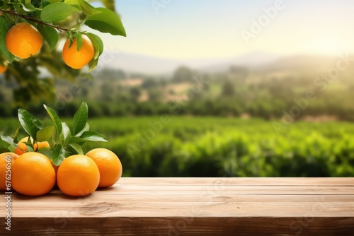 Wooden table top ander orange trees covered with orange fruits. Blurred sunny orchard garden at the background.	