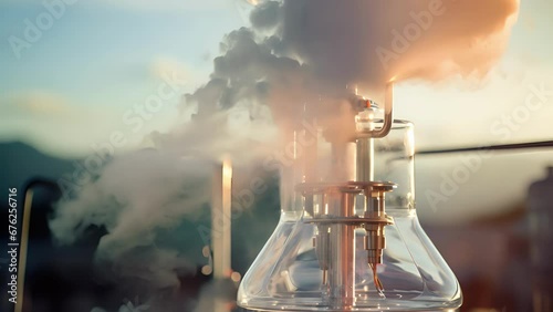 Closeup of a distillation tower with vapor streams dramatically rising, representing the process of separating biofuels from other organic compounds. photo