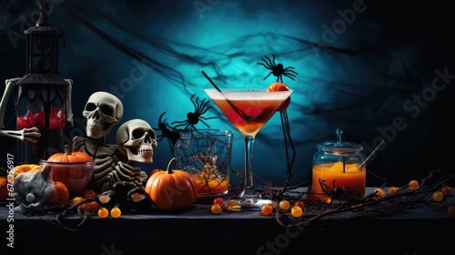 Halloween alcoholic cocktail bloody martini and hand with syringe on scary dark blue background with twisted branches, bats, stones, pumpkin guards and spiders, festive drink for vampire party. 