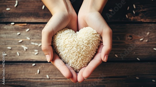 Hands holding rice with a heart shape. 