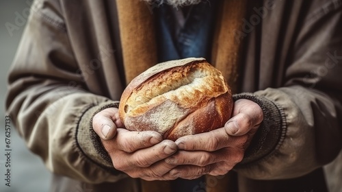 Homeless male with happy face showing hands to recieve bread from donator hand. 