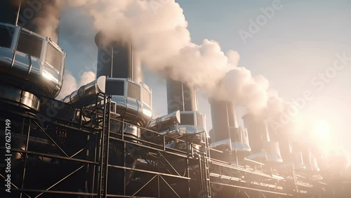 A closeup shot of the air pollution control devices, such as electrostatic precipitators or bag filters, removing particulate matter and toxic emissions from the plants exhaust gases. photo