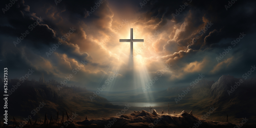 Sacred Crucifixion Scene: Illuminated Holy Cross Representing the Death and Resurrection of Jesus Christ, with a Heavenly Sky Over Golgotha Hill Enveloped in Light and Clouds - obrazy, fototapety, plakaty 