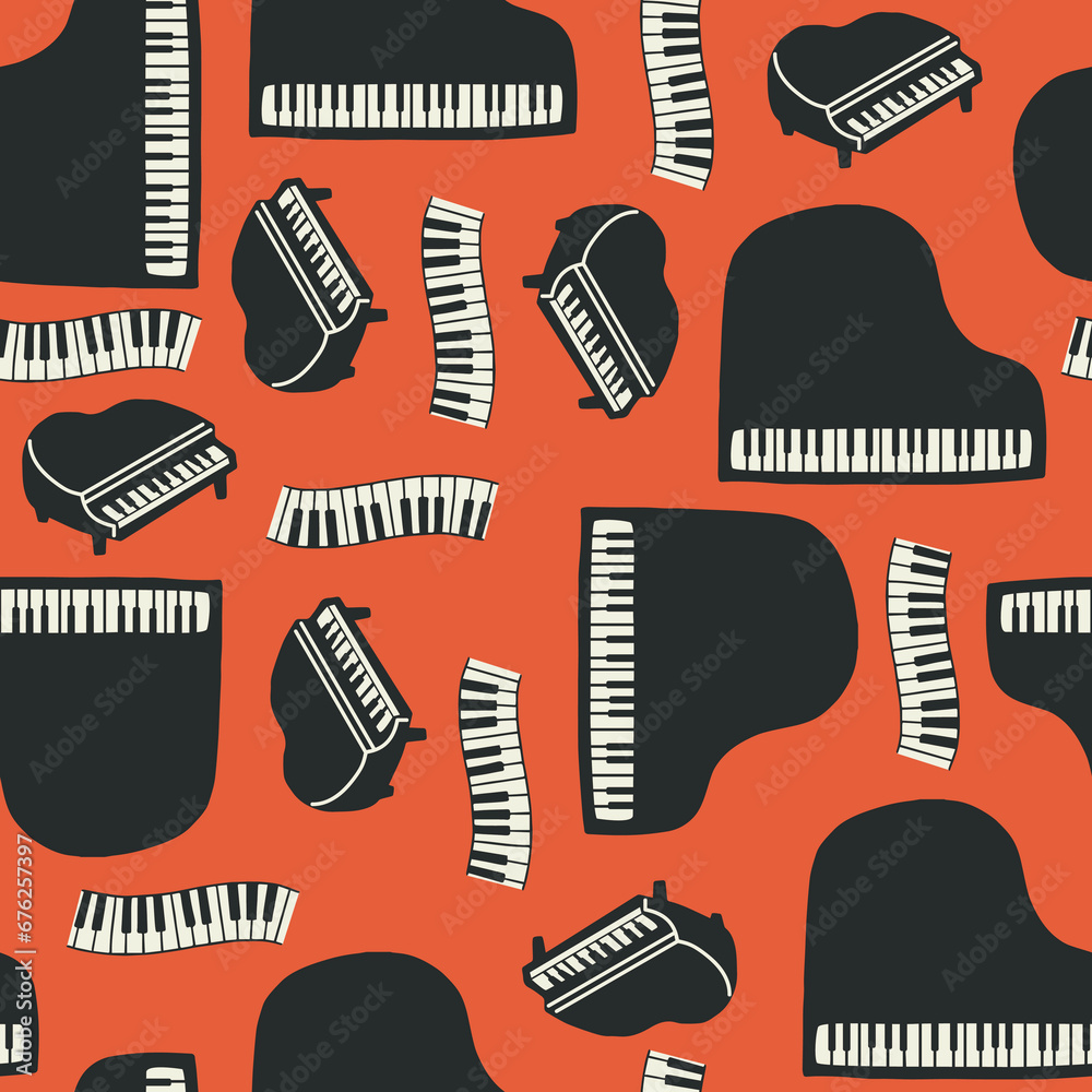 Seamless pattern piano musical instrument illustration hand drawn background decorative vector