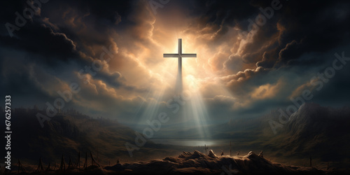Sacred Crucifixion Scene: Illuminated Holy Cross Representing the Death and Resurrection of Jesus Christ, with a Heavenly Sky Over Golgotha Hill Enveloped in Light and Clouds