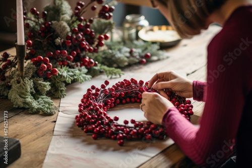 Woman crafting a holly Christmas wreath